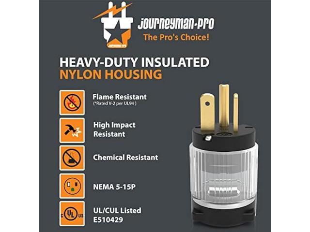 Journeyman-Pro 520PV-LIT Lighted 20 Amp 120-125 Volt, NEMA 5-20P, 2Pole 3Wire, Straight Blade, Male Plug Replacement Cord Outlet Connector,...