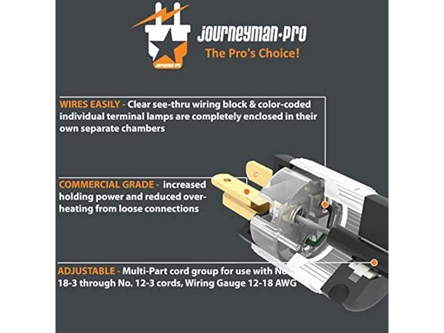 Journeyman-Pro 520PV-LIT Lighted 20 Amp 120-125 Volt, NEMA 5-20P, 2Pole 3Wire, Straight Blade, Male Plug Replacement Cord Outlet Connector,...