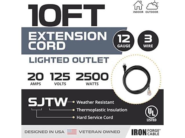 Iron Forge Cable 10 Ft 20 Amp Dryer/EV Extension Cord - 5-20P to 5-20R Lighted Black SJTW 12 Gauge Electric Cable