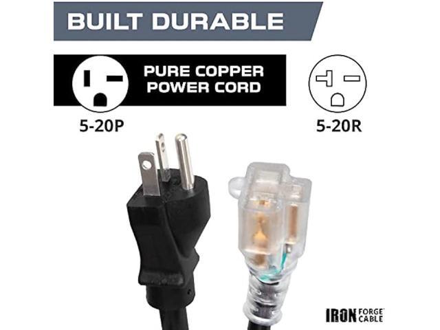 Iron Forge Cable 10 Ft 20 Amp Dryer/EV Extension Cord - 5-20P to 5-20R Lighted Black SJTW 12 Gauge Electric Cable
