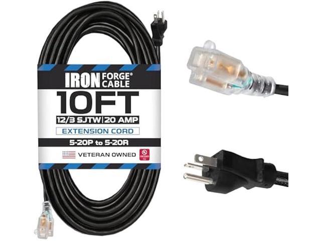 Iron Forge Cable 10 Ft 20 Amp Dryer/EV Extension Cord - 5-20P to 5-20R Lighted Black SJTW 12 Gauge Electric Cable