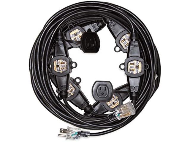 Iron Forge Cable 50 ft Heavy Duty Outdoor Extension Cord with 7 Evenly Spaced Power Outlets, 14/3 Weatherproof with Multiple Outlets, 15 AMP Black