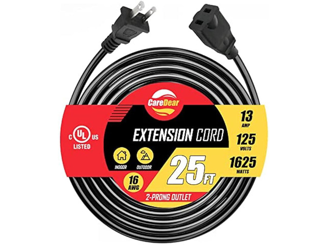 2 Prong Outdoor Extension Cord 25FT, UL Listed, SJTW,13A 1625W 125V 16AWG, Heavy Duty Outdoor Extension Cord Waterproof, Weather Resistant, Flame...