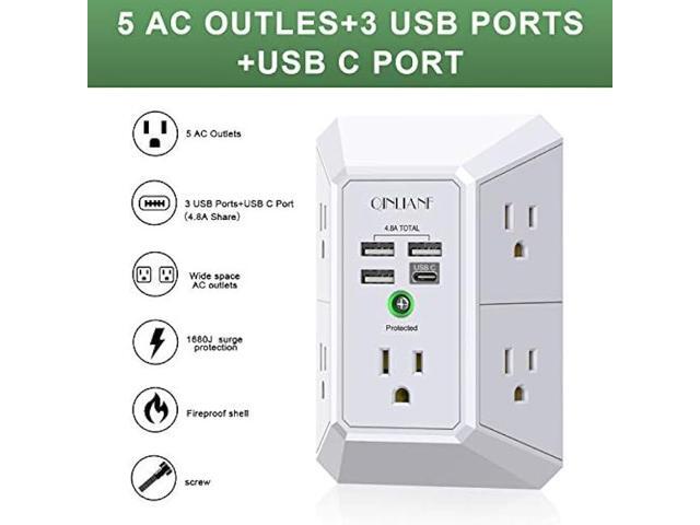 Wall Charger, Surge Protector, QINLIANF 5 Outlet Extender with 4 USB Charging Ports (4.8A Total) 3-Sided 1680J Power Strip Multi Plug Adapter...