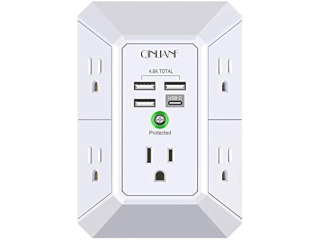 Wall Charger, Surge Protector, QINLIANF 5 Outlet Extender with 4 USB Charging Ports (4.8A Total) 3-Sided 1680J Power Strip Multi Plug Adapter...