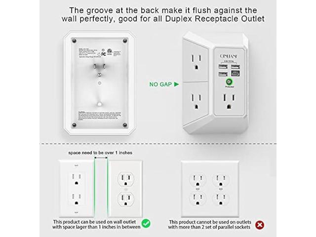 Wall Charger, Surge Protector, QINLIANF 5 Outlet Extender with 4 USB Charging Ports (4.8A Total) 3-Sided 1680J Power Strip Multi Plug Adapter...