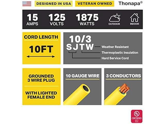 Thonapa 10 Gauge Extension Cord 10 Ft, Weatherproof Heavy Duty Outdoor Extension Cord 10 AWG 10', SJTW 3 Prong Lighted Plug 10/3 Yellow Cable 15...