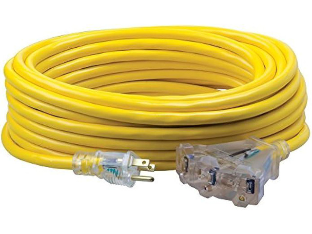 Coleman Cable 4188SW8802 50ft SJTW 12/3 Three-Way Power Block W/Lighted End, 50 Feet, Yellow