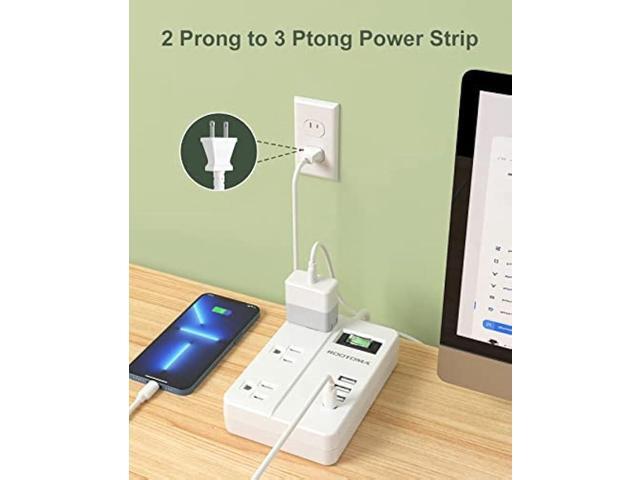 2 Prong Extension Cord with USB-C, ROOTOMA 2 Prong to 3 Prong Outlet Adapter, 3 Outlet & 4 USB Charging Station, 3 Prong Adapter 4ft, Non-Grounded,...