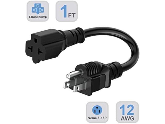 1-Foot 12 AWG 15 Amp Household Plug to 20 Amp Adapter Cable,Nema 5-15P to 5-15R/20R,5-15P to 6-15R/20R T-Blade 20-Amp to 15-Amp Extension Cord...