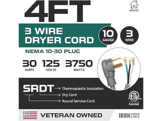 3 Prong Dryer Cord - 4 Ft Extension Power Cord, 10/3 SRDT, 30 Amp, NEMA 10-30 Plug, Gray