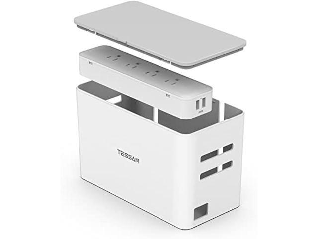 Power Strip with Cable Management Box, TESSAN 5 ft Flat Plug Extension Cord, 4 Outlets 2 USB Ports with Overload Switch, Mountable White Power Cord...