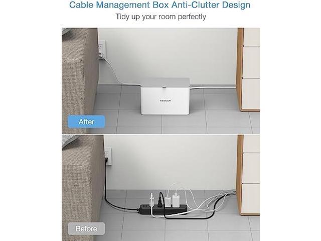 Power Strip with Cable Management Box, TESSAN 5 ft Flat Plug Extension Cord, 4 Outlets 2 USB Ports with Overload Switch, Mountable White Power Cord...