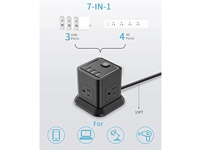 Power Strip with USB, FDTEK Flat Plug Extension Cord with 4 Outlets and 3 USB Ports 10 FT Desk Power Strip Cube Overload Protection Compact...