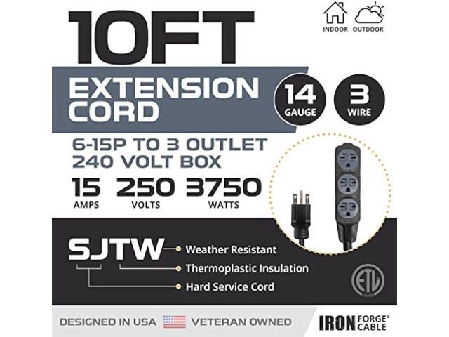 Iron Forge Cable 220/240 Volt Extension Cord, 10 Ft - 14/3 SJTW 6-15P Male Plug to Three Box Outlets