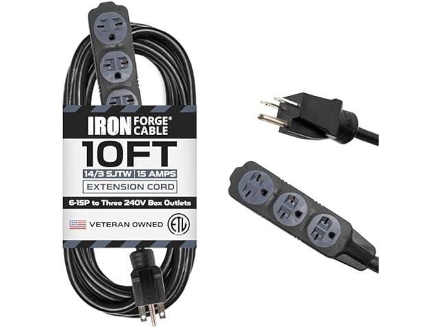 Iron Forge Cable 220/240 Volt Extension Cord, 10 Ft - 14/3 SJTW 6-15P Male Plug to Three Box Outlets