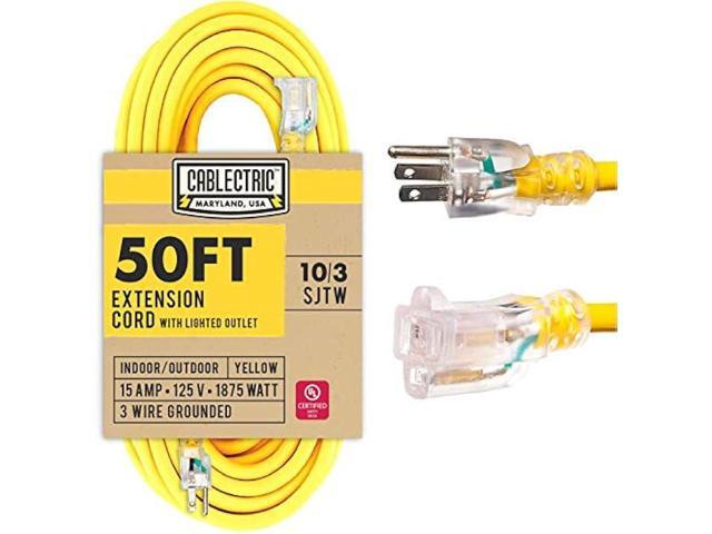 50 Ft Outdoor Extension Cord - 10/3 SJTW Heavy Duty Yellow 10 Gauge Lighted Electrical Cable with 3 Prong Grounded Plug
