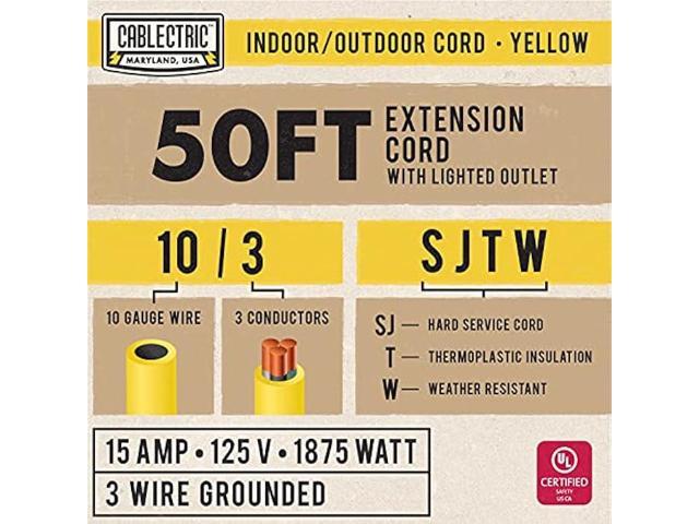 Cablectric 50 Ft Outdoor Extension Cord - 10/3 SJTW Heavy Duty Yellow 10 Gauge Lighted Electrical Cable with 3 Prong Grounded Plug