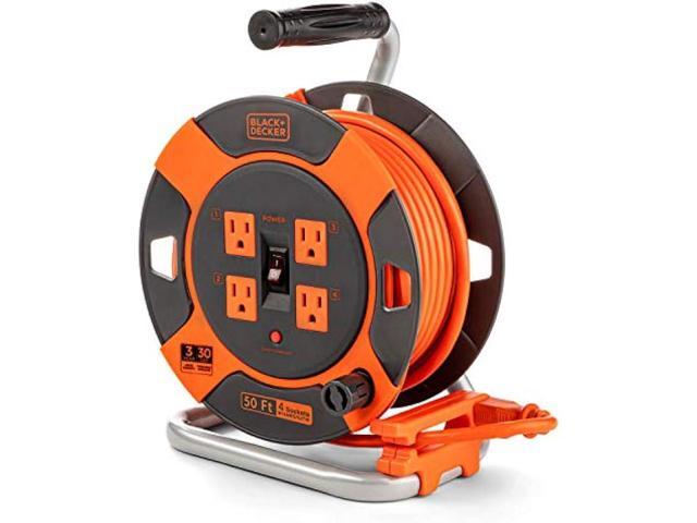 BLACK+DECKER 50 Ft. Retractable Extension Cord Reel With 4 Outlets, Multi-Plug Extension, Easy Handle Rewind & Heavy-Duty 14AWG SJTW Cable