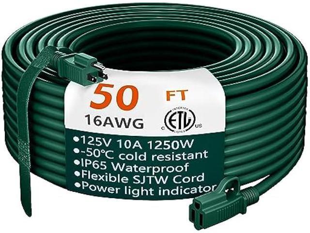 Indoor Outdoor Green Extension Cord 50 ft Waterproof, 16/3 Gauge Flexible Cold-Resistant Appliance Extension Cord Outside, 13A 1625W 16AWG SJTW, 3...