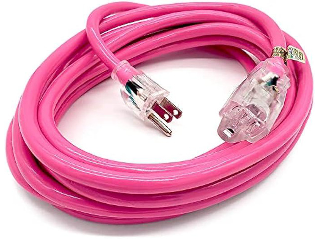 15 ft - 14 Gauge Heavy Duty Lighted SJTW Indoor/Outdoor Pink Extension Cord by Watt's Wire - 15' 14-Gauge Grounded 15-Amp Power-Cord (15 Foot...
