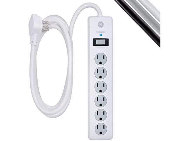 GE 6-Outlet Surge Protector, 8 Ft Extension Cord, Power Strip, 800 Joules, Flat Plug, Twist-to-Close Safety Covers, Protected Indicator Light, UL.