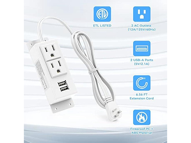 Kungfuking Power Strip with USB, Wall Mountable Socket Surge Protector Power Strip with 2 AC Outlets and 2 USB Charging Ports White Extension Cord...