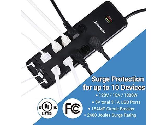 DEWENWILS 10-Outlet Surge Protector Power Strip with 4 USB Ports, 15 FT Long Extension Cord, Right Angle Flat Plug, 2480J Surge Rating 15AMP...