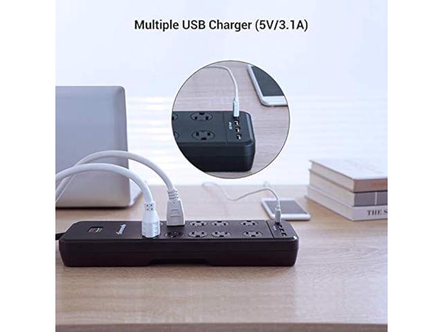DEWENWILS 10-Outlet Surge Protector Power Strip with 4 USB Ports, 15 FT Long Extension Cord, Right Angle Flat Plug, 2480J Surge Rating 15AMP...