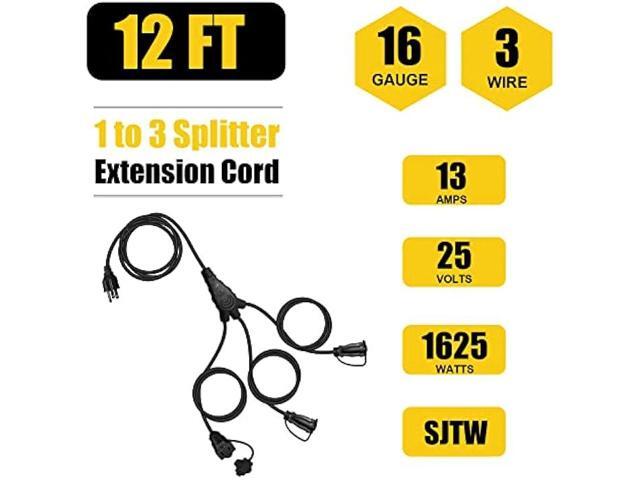 EP Outdoor Extension Cord 1 to 3 Splitter, Max 6ft End to End (12FT Total), 3 Prong Outlets Plugs, 16/3 SJTW Weatherproof Wire for Christmas...