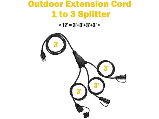 EP Outdoor Extension Cord 1 to 3 Splitter, Max 6ft End to End (12FT Total), 3 Prong Outlets Plugs, 16/3 SJTW Weatherproof Wire for Christmas...