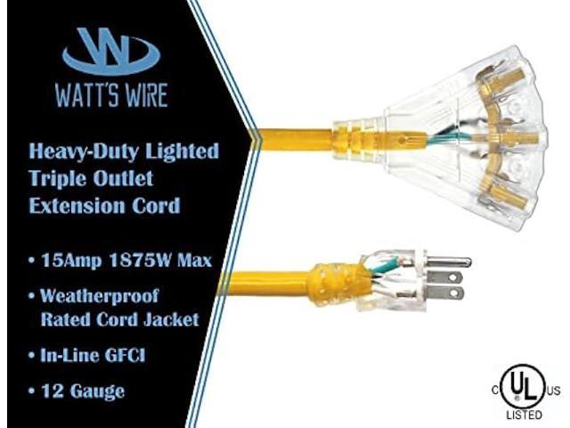 6 ft - GFCI 12 Gauge Heavy Duty 3-Outlet SJTW Indoor/Outdoor Yellow Extension Cord by Watt's Wire - Short 6' 12-Gauge Grounded 15-Amp GFI...