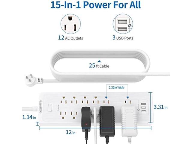 Extension Cord 25 ft Power Strip, NTONPOWER 2100 Joules Surge Protector with 12 Outlet 3 USB Port, 1875W/15A, Overload Protection, Flat Plug, Long...