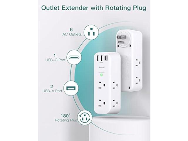 Surge Protector - Outlet Extender with Rotating and Multi Plug with 6 AC 3 USB Ports (1 USB C), 3-Sided Power Strip with Wall Adapter Charger for...