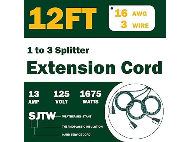 GREATIDE Outdoor Extension Cord 1 to 3 Splitter, Max 6ft End to End (12 FT Total), 3 Prong Outlets Plugs, 16/3 SJTW Weatherproof Wire for Landscape...