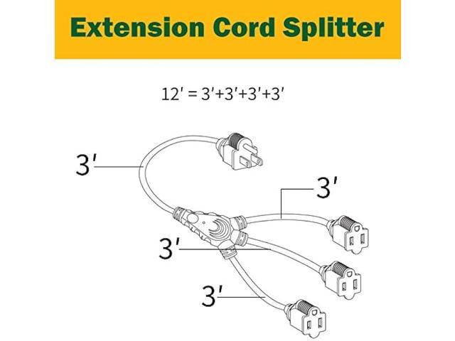 GREATIDE Outdoor Extension Cord 1 to 3 Splitter, Max 6ft End to End (12 FT Total), 3 Prong Outlets Plugs, 16/3 SJTW Weatherproof Wire for Landscape...