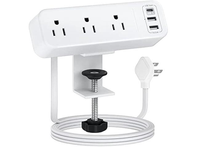 3 Outlet Desk Clamp Power Strip with USB C, White Flat Plug Desktop Edge Power Strip, Desk Mount Clamp Socket Connect 6.5 ft Thin Extension Cord...