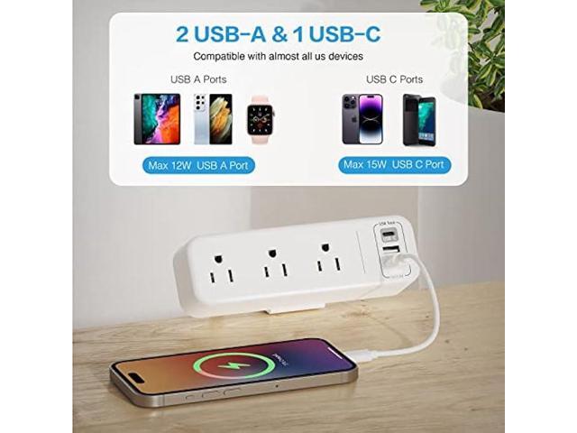 3 Outlet Desk Clamp Power Strip with USB C, White Flat Plug Desktop Edge Power Strip, Desk Mount Clamp Socket Connect 6.5 ft Thin Extension Cord...
