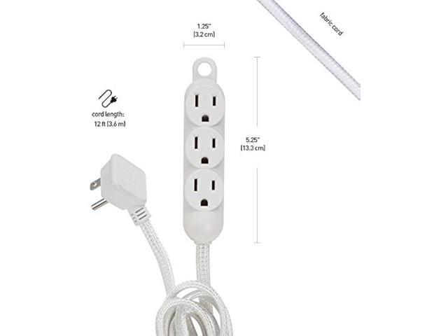 12ft Light Duty 3-Outlet Indoor Extension Cord, Grounded Outlets, Right Angle Plug, White Hanging Hook, Designer Fabric Cord, 16/3, SPT-3, 13AMP,...