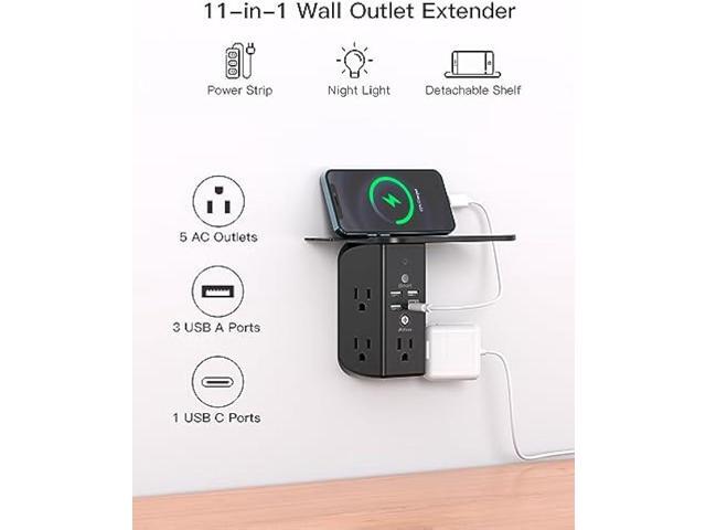 Wall Outlet Extender with Shelf and Night Light,Surge Protector,USB Wall Charger with 5 USB Outlets and 3 USB Ports 1 USB C Outlet