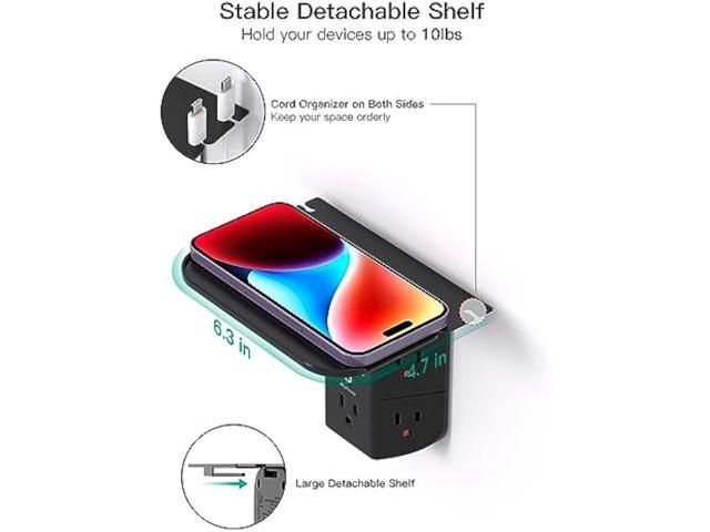 Wall Outlet Extender with Shelf and Night Light,Surge Protector,USB Wall Charger with 5 USB Outlets and 3 USB Ports 1 USB C Outlet