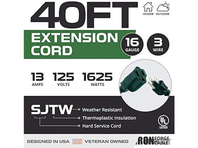 40 Foot Outdoor Extension Cord - 16/3 SJTW Durable Green Extension Cable with 3 Prong Grounded Plug for Safety - Great for Powering Outdoor...