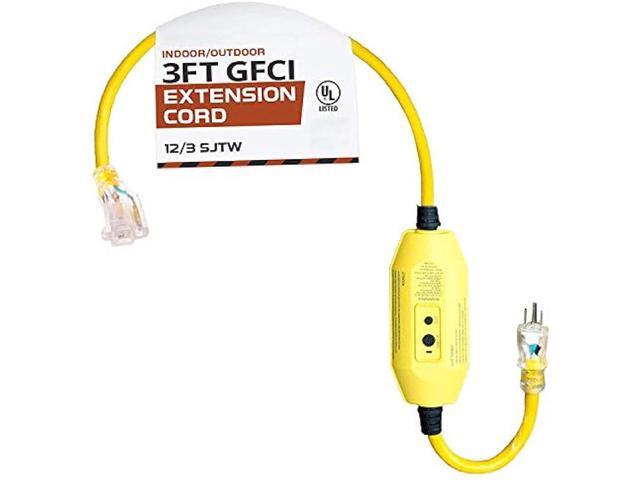 IRON FORGE CABLE 3 Foot Lighted Outdoor GFCI Extension Cord - 12/3 SJTW Heavy Duty Yellow Pigtail Extension Cable with 3 Prong Grounded Plug for...