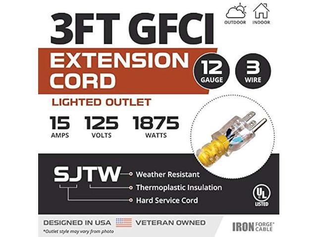 IRON FORGE CABLE 3 Foot Lighted Outdoor GFCI Extension Cord - 12/3 SJTW Heavy Duty Yellow Pigtail Extension Cable with 3 Prong Grounded Plug for...