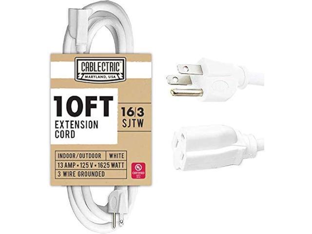 Cablectric 10 Foot Outdoor Extension Cord - 16/3 SJTW White 16 Gauge Electrical Cable with 3 Prong Grounded Plug