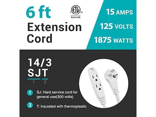 Clear Power 6 ft 3 Outlet Heavy Duty Flat Plug Extension Cord 14/3 SJT for Small Tools, Appliance and Office Equipment, White, 3 Prong Grounded,...