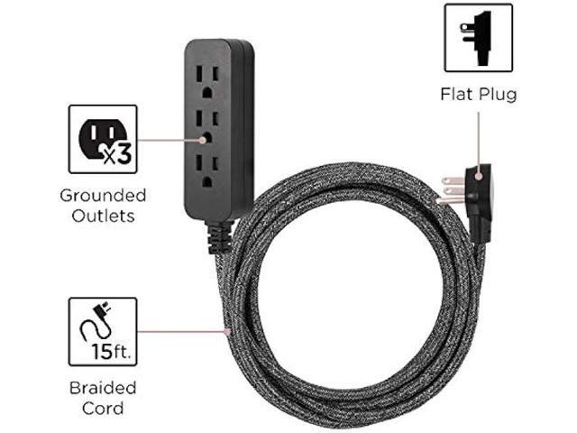 Cordinate, Black Designer 3-Outlet Extension, Braided Décor Fabric Cord, 15 ft, Low-Profile Plug, Dark Heather, 50012