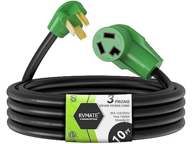 RVMATE 3 Prong Dryer/EV Extension Cord 10 Feet, 30 Amp NEMA 10-30P to 10-30R 125V/250V Waterproof PVC Jacket, Perfect for Dryer Power Extension and...
