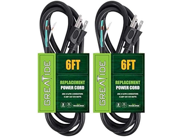 GREATIDE Industries Inc 3-Wire Appliance and Power Tool Cord, 6 ft, 14 AWG, 15A/125V AC, 1875w, Black, 2pack