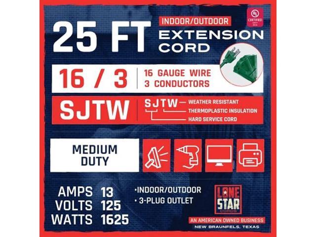 Lone Star Cords 16/3 SJTW Green Outdoor Extension Cord 25 FT with 3 Electrical Power Outlets - 16 Gauge Water Resistant Multi Outlets Electrical...